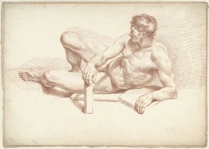 Hombre desnudo, acostado, apoyando el brazo izquierdo