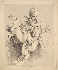 Tres cupidos jugando con ramas de vid de Louis Felix de la Rue