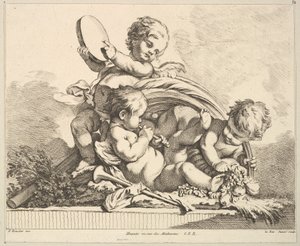 Tres cupidos, dos tocando música, uno sosteniendo hojas de palma de Louis Felix de la Rue