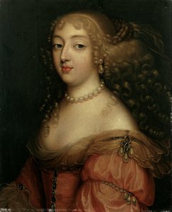 Retrato de una dama, se dice que es Laura Mancini, duquesa de Mercoeur, busto, con un vestido rojo, un collar de perlas y pendientes