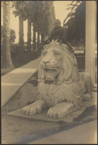 [Niño en la estatua de un león]