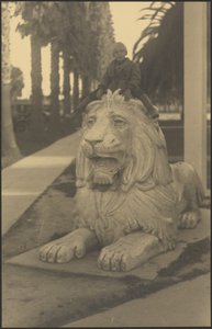 [Niño sobre una estatua de león] de Louis Fleckenstein