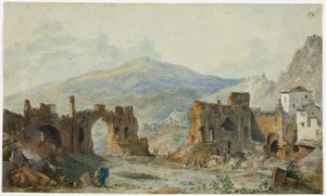 El antiguo teatro de Taormina con vistas al Etna, estudio para el Voyage Pittoresque de Naples et de Sicile de Saint Non. de Louis Francois Cassas