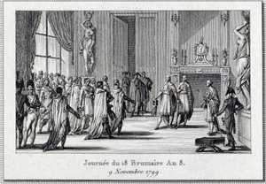 Consulado: "Napoleón Bonaparte (1769-1821) en la reunión de Saint Cloud el 18 brumario (9/11/1799)" El Golpe de Estado del 18 brumario por Napoleón Bonaparte en el Consejo de los Quinientos (sala de 500), protegido por granaderos, termina el D de Louis Francois Couche