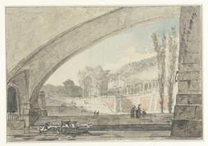 Vista bajo un puente hacia las terrazas y las escaleras de Louis Gabriel Moreau