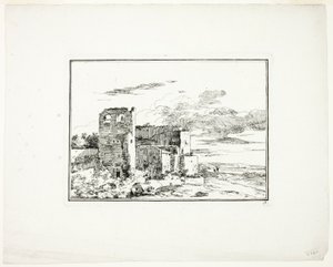 Edificios en ruinas cerca de la orilla de un río, lámina 9 de Quatrieme suite de paysages dessinés et grave a l