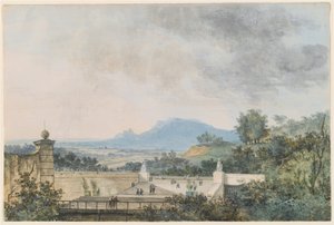 Vista panorámica de un parque con terrazas de Louis Gabriel Moreau the Elder