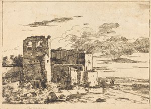 Edificios en ruinas cerca de una orilla del río de Louis Gabriel Moreau the Elder