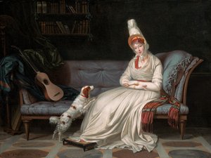 Retrato de Elizabeth, Lady Webster, luego Lady Holland, en un vestido blanco con su spaniel Pierrot, c.1795 de Louis Gauffier
