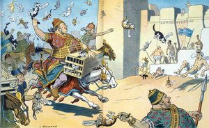 Los persas de Wall Street y los egipcios de Washington 1907. La ilustración muestra la batalla de Pelusium con los persas identificados con "intereses creados" de Louis Glackens