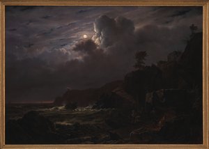 Vista de Kullen en Suecia. Contrabandistas escondiendo sus bienes entre las rocas. Luz de luna de Louis Gurlitt