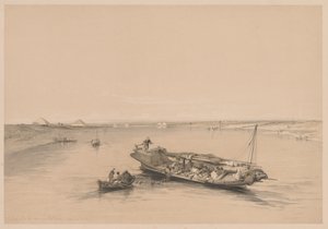 Egipto y Nubia: Volumen I - No. 4, Barcos de esclavos en el Nilo, vista hacia..., 1838 de Louis Haghe