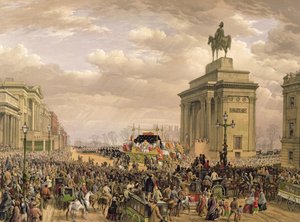 Funeral del Duque de Wellington, el coche fúnebre pasando por el arco en Apsley House, 18 de noviembre de 1852, grabado por Thomas Picken, publicado por Ackermann y Day, 1853