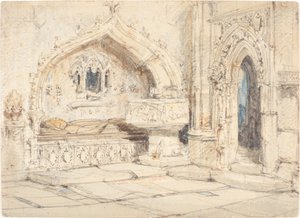 Interior de una Iglesia con una Tumba en la Pared y una Pila Bautismal Medieval de Louis Haghe
