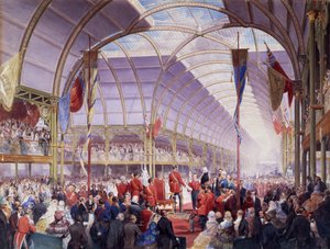 Sir Thomas Fairbairn entregando el discurso al Príncipe Consorte en la Exposición de Tesoros de Arte, Manchester, mayo de 1857 (lápiz, acuarela y gouache sobre papel) de Louis Haghe