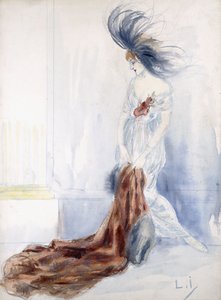 Elegante dama con sombrero de plumas y abrigo de piel de Louis Icart