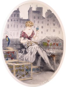 Niña con periquitos, c.1920-30s (grabado en color)