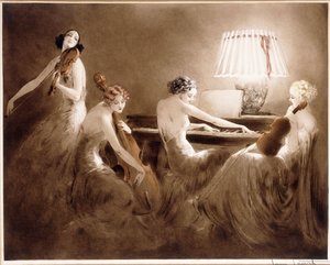 "La hora de la melodía", c.1934 (aguafuerte y punta seca en colores) de Louis Icart