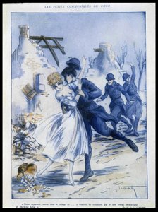 Soldados entrando en la ciudad, uno besando a una mujer, "botín encantador", Ilustración de Louis Icart (1888-1950) En "Fantasio" 15/12/1915 de Louis Icart