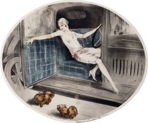 Mujer en un coche con dos pequineses de Louis Icart