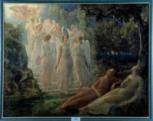 El poema del alma; La escalera dorada, escena con ángeles y la figura de Dios de Louis Janmot