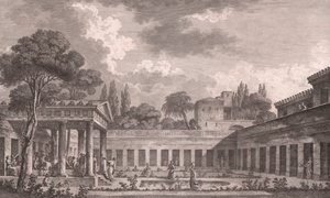 Reconstrucción ideal de la Villa de Diómedes en Pompeya a su estado original antes de la erupción del Monte Vesubio en 79 d.C., Campania, Italia, grabado según dibujo de Louis Jean Desprez (1743-1804)