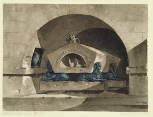 Sepulcro en estilo egipcio con esfinges y un búho