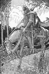 Mordred (Modred) herido tras la batalla de Camlann contra su padre el Rey Arturo (Mordred herido tras la batalla de Camlann) Ilustración de Louis Rhead (1858-1926) de "El Rey Arturo y sus caballeros" 1923 Colección particular