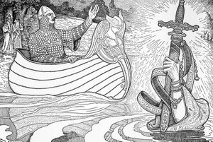 Representación de la Dama del Lago (fee viviane), personaje de las leyendas artúricas, entregando al Rey Arturo la espada Excalibur (Arthurian legend: La Dama del Lago (Nimue, Viviane) entregando al Rey Arturo su espada Excalibur) Ilustración de Louis Rhea