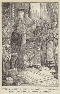 Espera un poco, judío, dijo Porcia, este contrato no te da ni una gota de sangre de Louis John Rhead