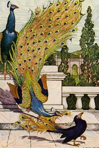 El pavo real y la urraca (litografía en color) de Louis John Rhead