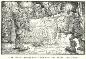 Los Siete Enanitos encuentran a Blancanieves en su pequeña cama (litografía)