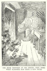 El oso sonrió a su enemigo, quien, algo alarmado, retrocedió unos pasos (litografía) de Louis John Rhead
