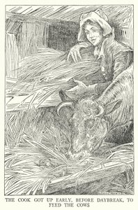 El cocinero se levantó temprano, antes del amanecer, para alimentar a las vacas (litografía) de Louis John Rhead