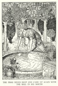 La rana se sumergió y volvió a salir con la pelota en la boca (litografía) de Louis John Rhead