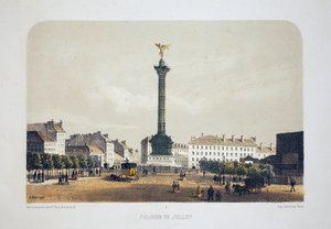 Columna de Julio (Place de la Bastille), París. Litografía acuarela, ilustración de Arnout, en “Album, souvenirs de Paris”, Daziaro editor, París de Louis Jules Arnout