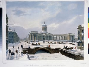 La Catedral de Kazán en San Petersburgo. Litografía de Louis Jules Arnout (1814-1868), coloreada a la acuarela, hacia 1840. Arte francés, clasicismo. Museo Conmemorativo A. Pushkin, San Petersburgo.