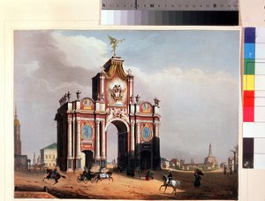 La Puerta Roja de Moscú. Litografía de Louis Jules Arnout (1814-1868), coloreada a la acuarela, hacia 1830. Arte francés, clasicismo. Museo Conmemorativo A. Pushkin, San Petersburgo. de Louis Jules Arnout