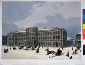 El Palacio Mariinsky en la Plaza de San Isaac en San Petersburgo. Litografía de Louis Jules Arnout (1814-1868), coloreada en acuarela, hacia 1840. Arte francés, clasicismo. Un empujón