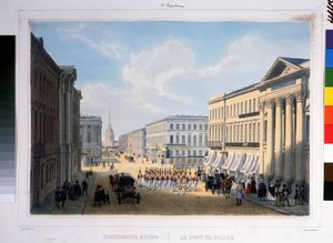 El Puente de la Policía en San Petersburgo, visto desde la Nevsky Prospekt desde el Palacio Stroganov. Litografía de Louis Jules Arnout (1814-1868), coloreada de Louis Jules Arnout