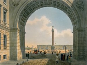 Plaza del Palacio, Vista desde el Arco del Cuartel General del Ejército, San Petersburgo, impreso por Lemercier, París, 1840s de Louis Jules Arnout