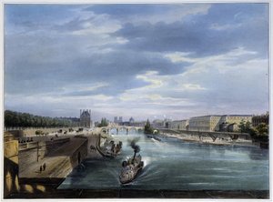 Puente del Carrousel y barco de vapor en Paris en 1837 de Arnout