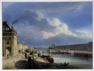 Vista del Pont du Carrousel y la Gran Galería del Louvre - en "Paris en 1837" de Arnout de Louis Jules Arnout