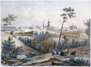 Boyero en el campo bretón (Dinan a lo lejos) - litografía por Jacottet y Benoist