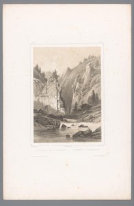 Vista de un puente sobre un desfiladero de rocas en Telemark Le Wrangefos dans le Tellemark / Wrangefòs i Tellemarken (título sobre objeto) Rostros en Escandinavia (título de la serie) Vues du Nord. Noruega (título de la serie) de Louis Julien Jacottet