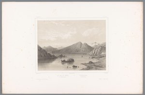 Vista del lago Norsjø en Telemark Le lac du Nord à Tellemarken / Nordsjóen i Tellemarken (título sobre el objeto) Rostros en Escandinavia (título de la serie) Vues du Nord. Noruega (título de la serie) de Louis Julien Jacottet