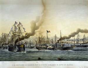 Napoleón III escoltado por la flota de batalla fue a Argelia en septiembre de 1860, grabado de 1865