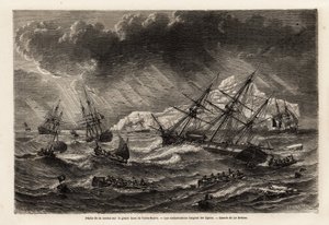 Pesca de bacalao en el Gran Banco de Terranova, los barcos siguen las líneas, dibujo de Lebreton, para ilustrar el viaje a Terranova en 1860 por A. de Gobineau. Grabado en "Le tour du monde", editado por Edouard Charton de Louis Le Breton