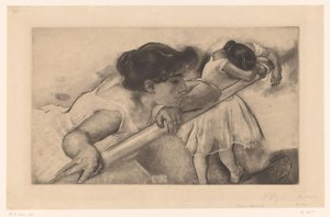 Dos bailarinas en una barra de ballet. En nage (título sobre objeto) Jóvenes bailarinas (título de la serie) Les Petites du ballet (título de la serie)