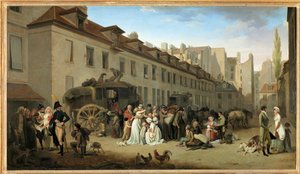 La llegada de un autocar al patio de las Messageries, rue Notre-Dame-des-Victoires, en París ... de Louis Leopold Boilly